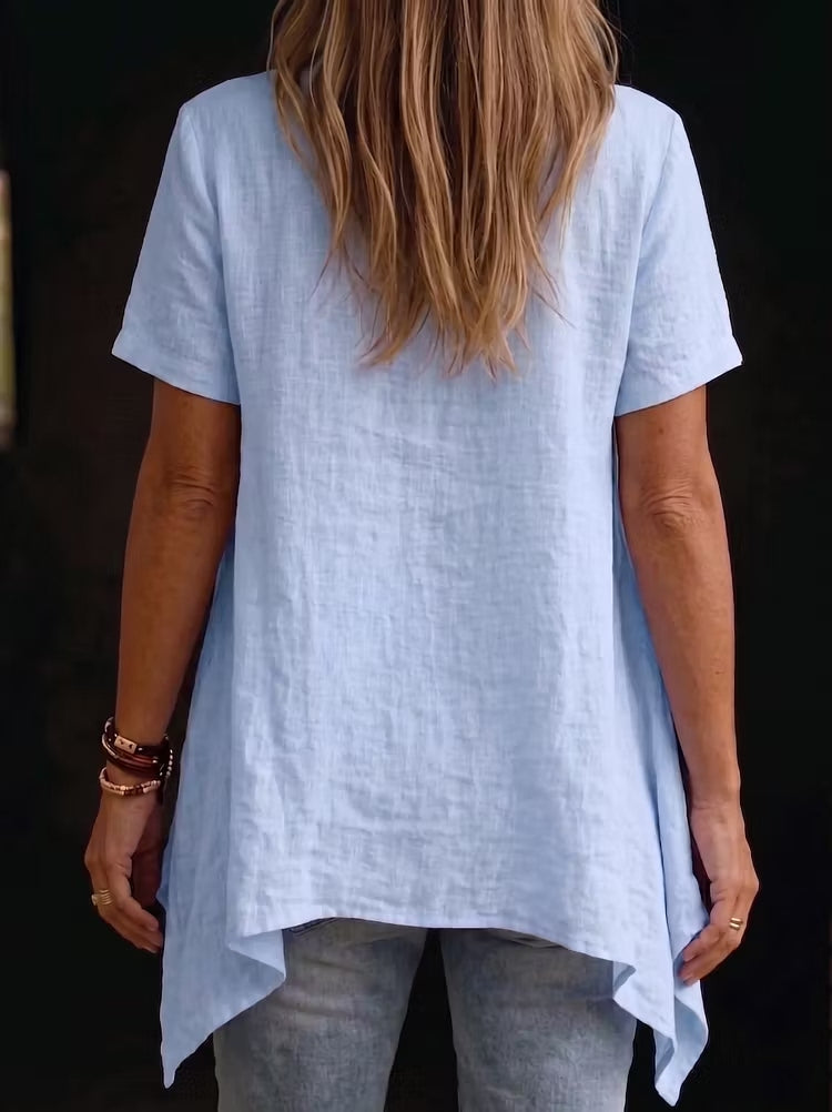Cowl Neck Asymmetric Hem Top - Short Sleeve Handkerchief Blouse