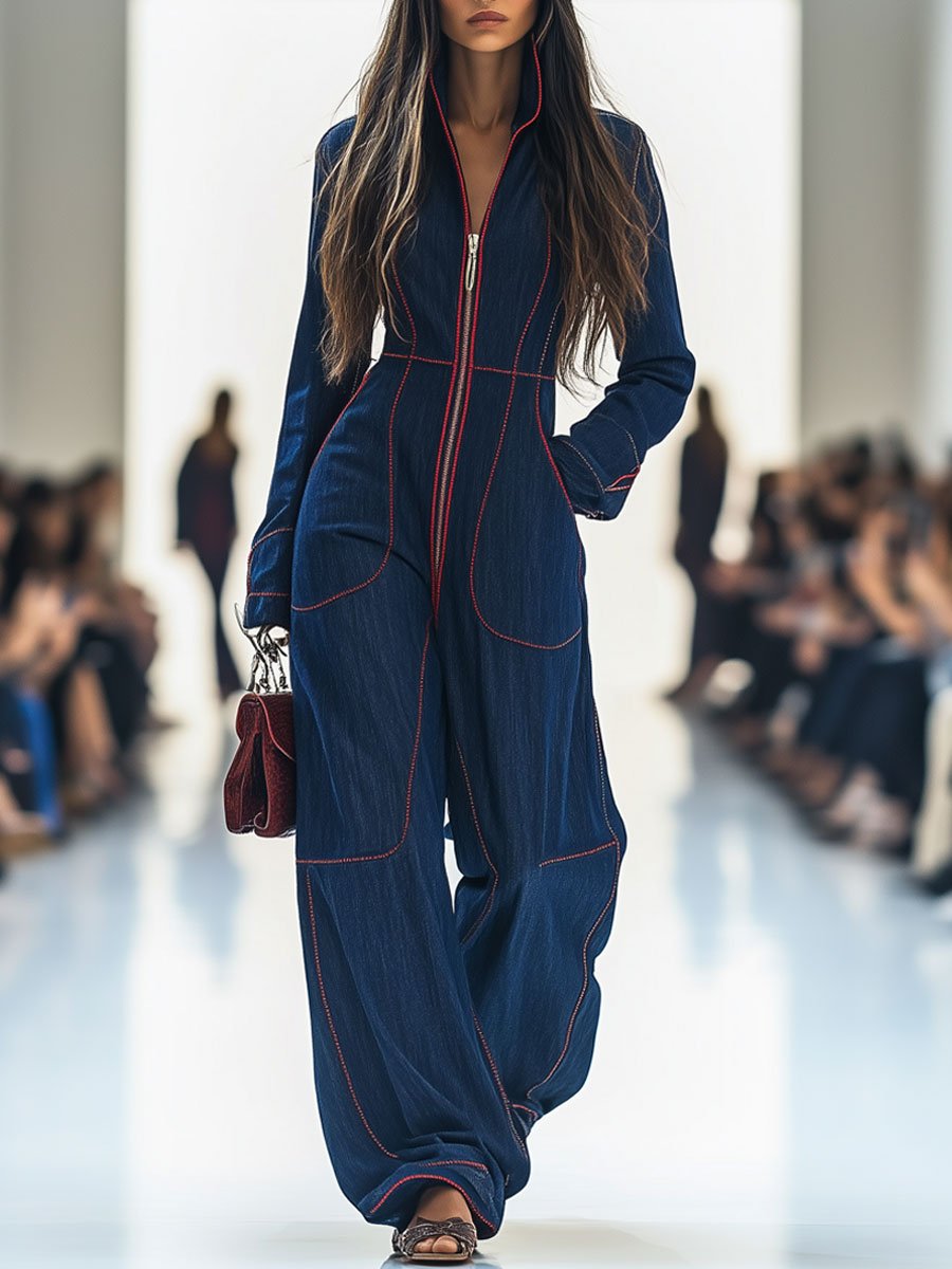 【24-hour shipping out】Casual Loose Retro Red Topstitched Denim Wide Leg Long Sleeve Jumpsuit