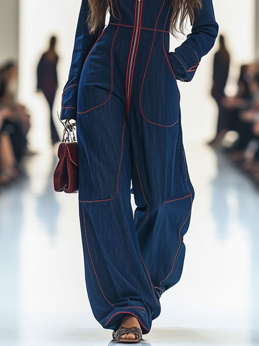 【24-hour shipping out】Casual Loose Retro Red Topstitched Denim Wide Leg Long Sleeve Jumpsuit