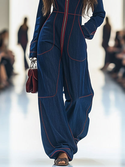 【24-hour shipping out】Casual Loose Retro Red Topstitched Denim Wide Leg Long Sleeve Jumpsuit