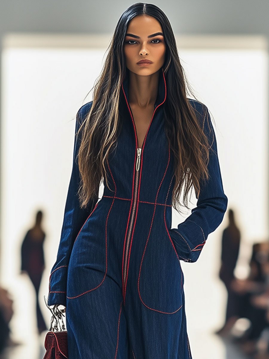 【24-hour shipping out】Casual Loose Retro Red Topstitched Denim Wide Leg Long Sleeve Jumpsuit